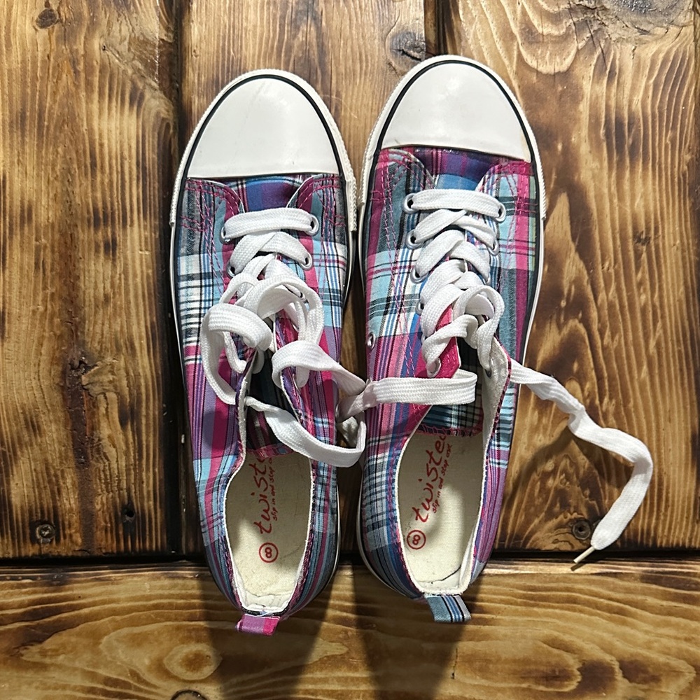 Twisted Plaid Sneakers - Pink, Blue, White
